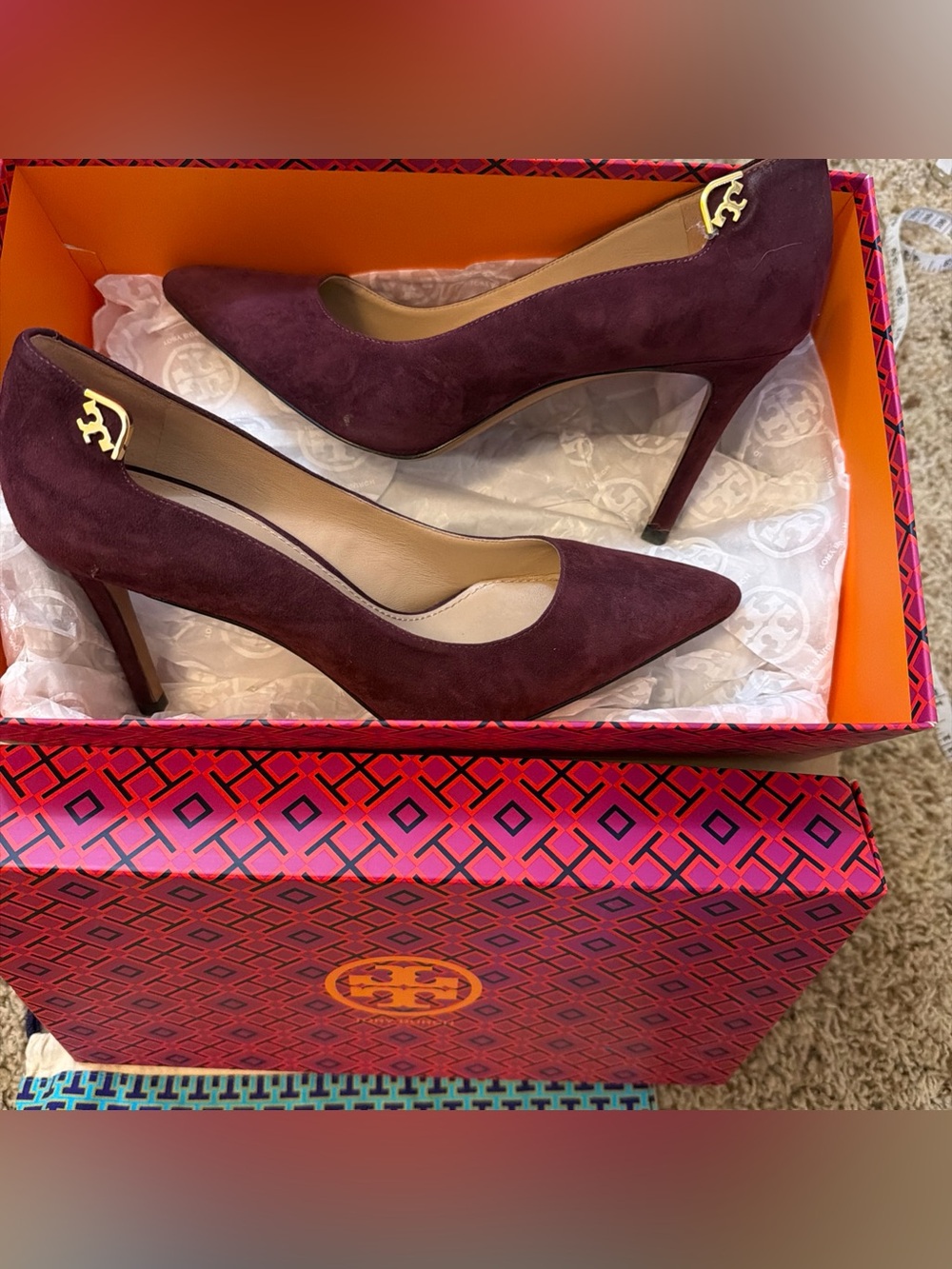 Tory Burch Burgundy Suede Pointed Toe Stiletto Heels with Gold Logo Sz 6.5M
